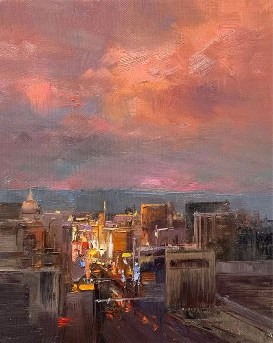 City Skyline at Sunset Oil Painting