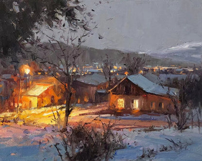 Snowy Evening Cabin Oil Painting