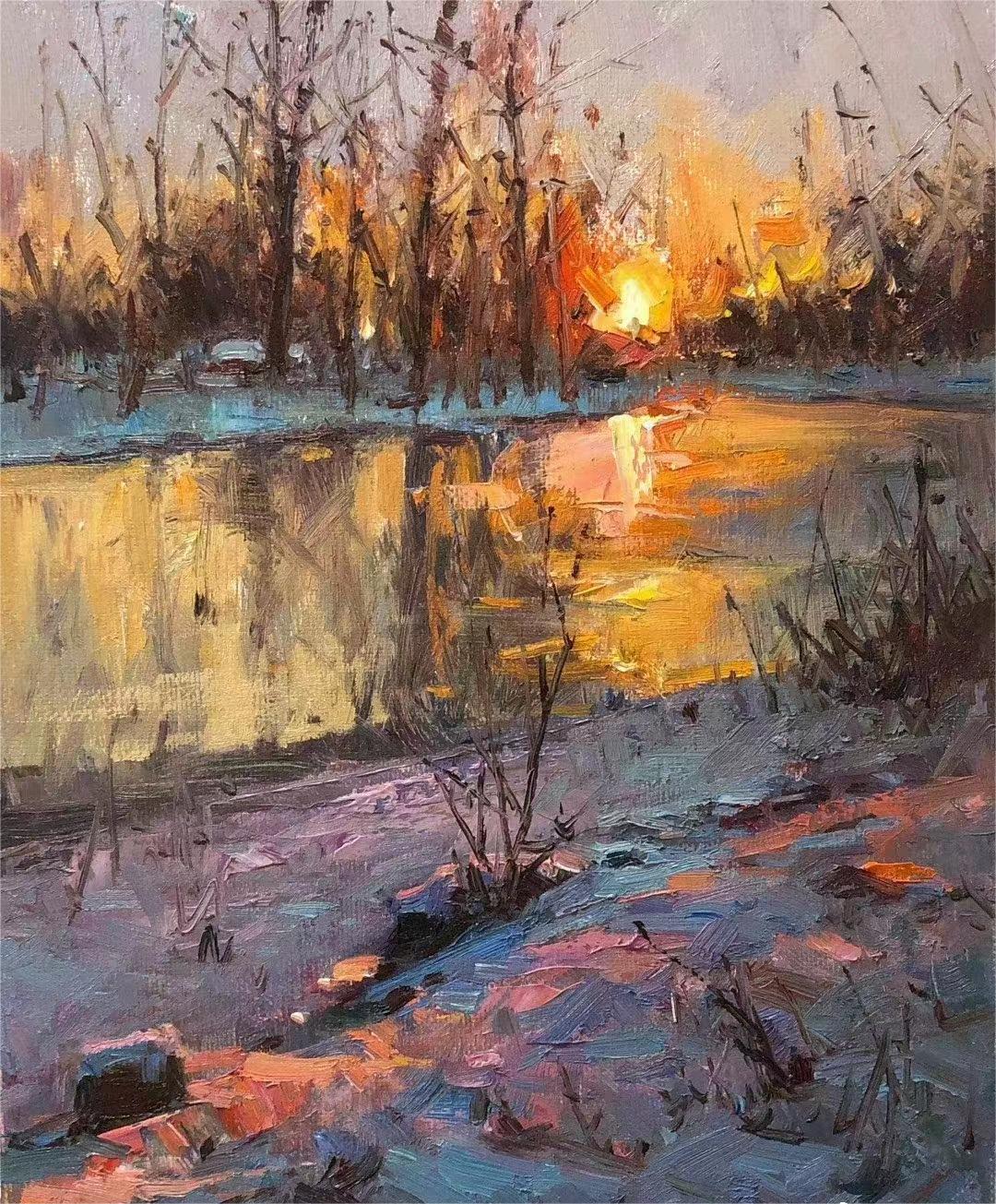 Sunset River Reflection Oil Painting