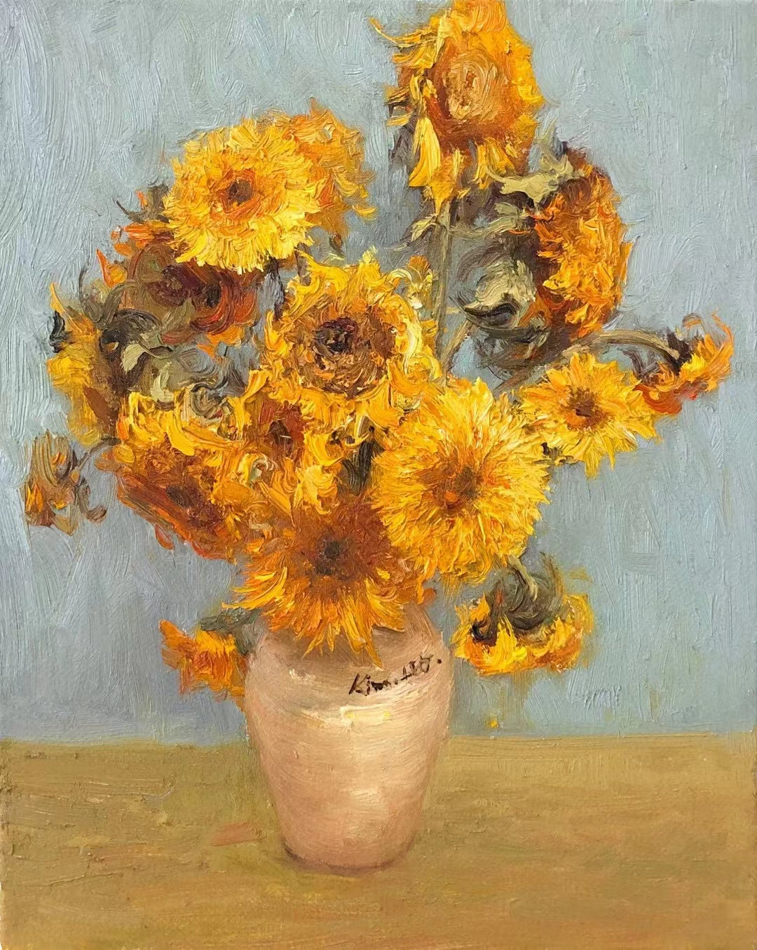 Sunflowers in Rustic Vase Oil Painting