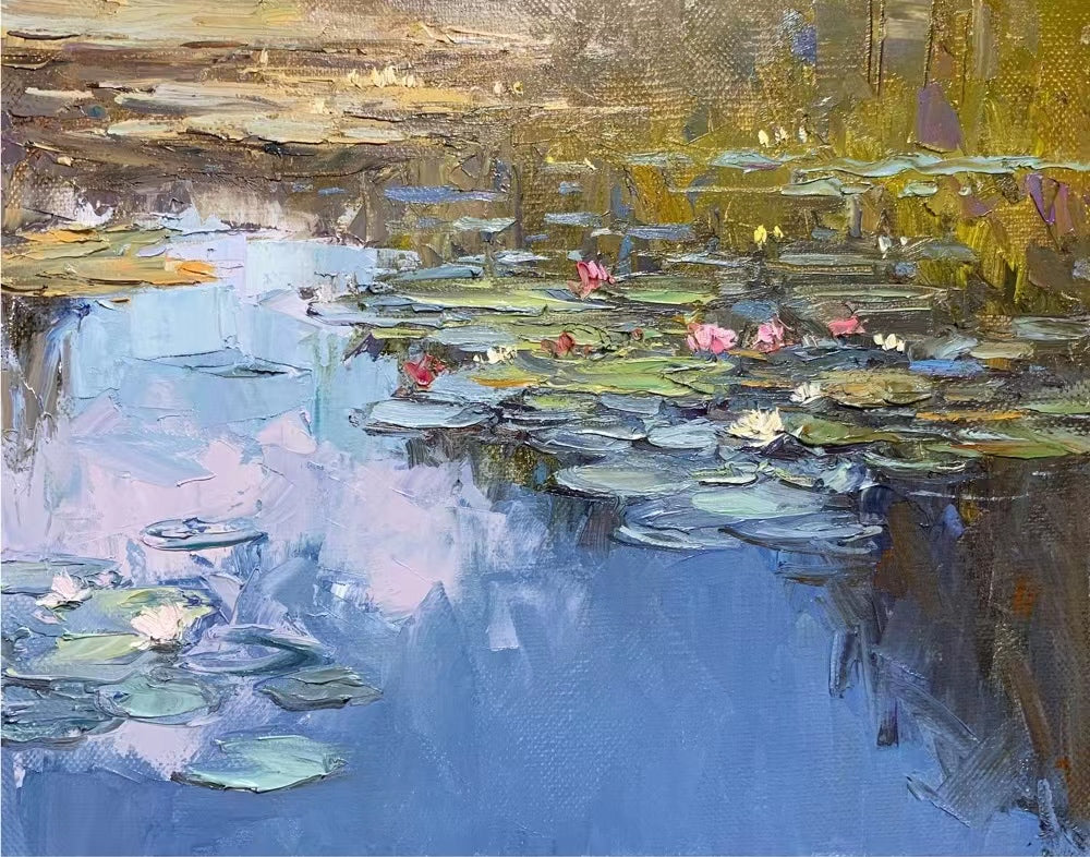 Reflective Pond with Water Lilies Oil Painting