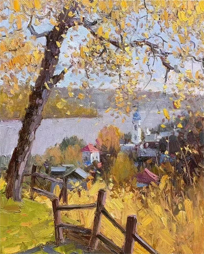 Autumn Riverside Path Oil Painting