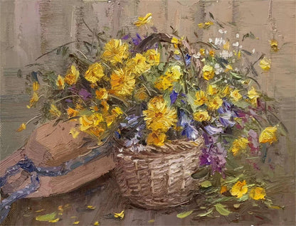 Basket of Yellow Flowers Oil Painting