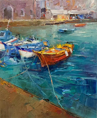 Colorful Boats at Dock Oil Painting