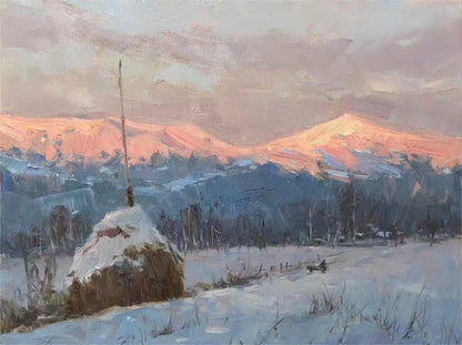 Snowy Mountains at Sunset Oil Painting