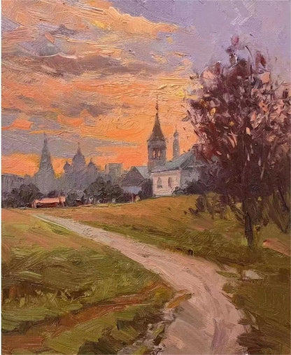 Golden Sunset Over Countryside Oil Painting