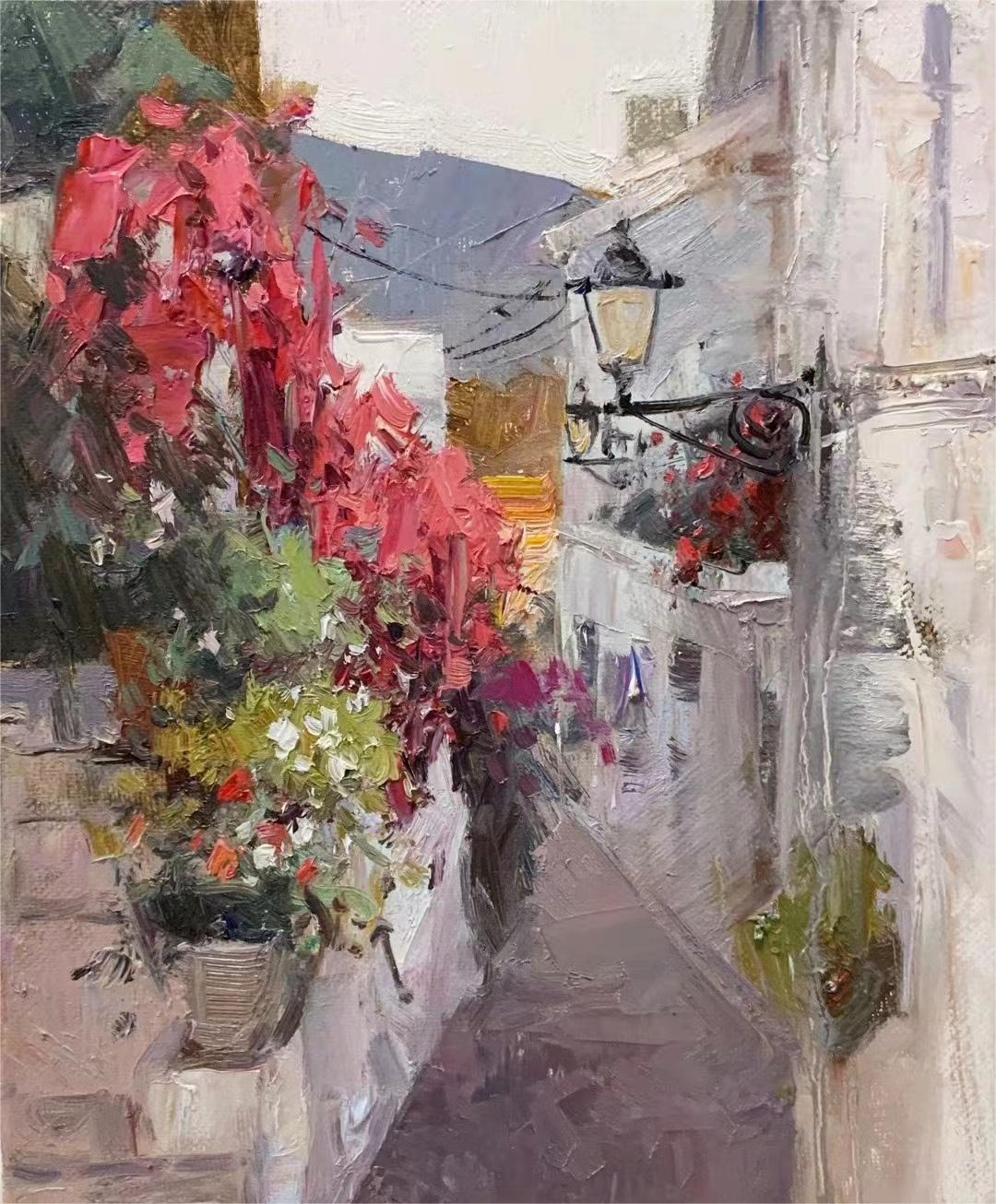 Charming Alleyway with Flowers Oil Painting