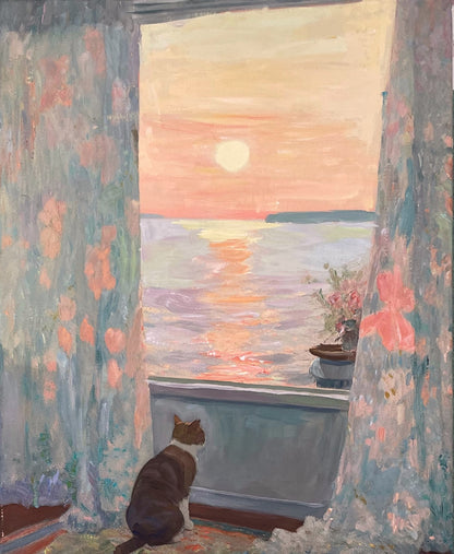 Cat at the Floral Window: A Sunset Vigil