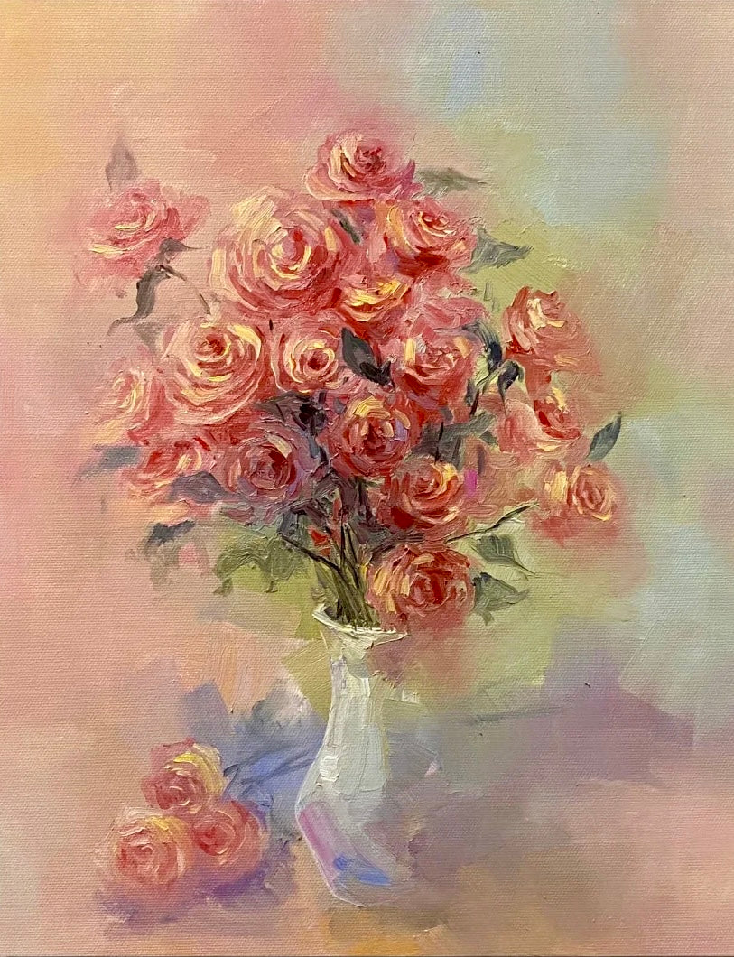 Vibrant Rose Bouquet Oil Painting - Hand-Painted Floral Art on Canvas