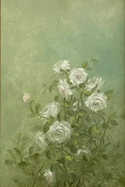 White Roses on Green Background Oil Painting