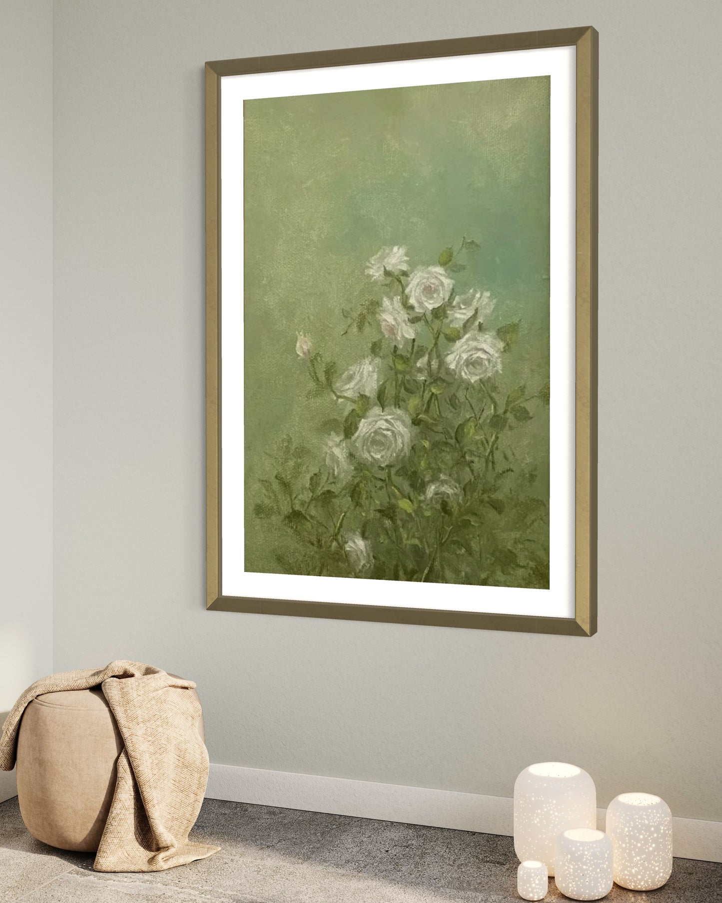 White Roses on Green Background Oil Painting