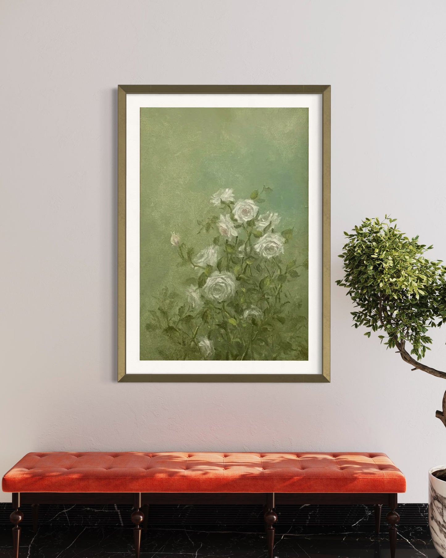 White Roses on Green Background Oil Painting