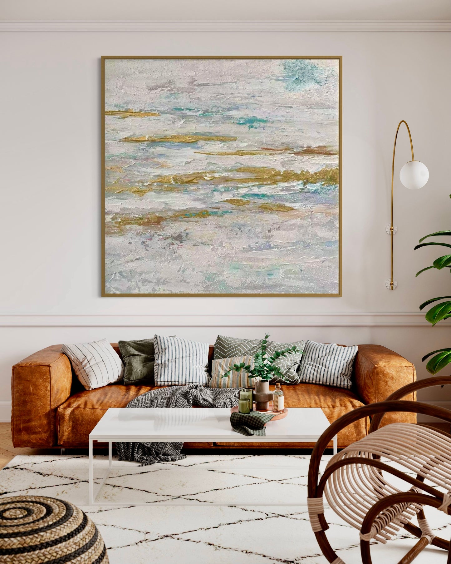 Textured Gold and White Abstract Oil Painting