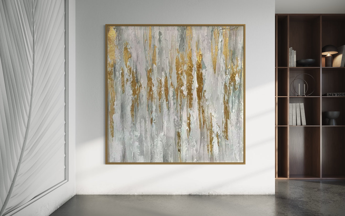 Abstract Gold and Grey Streaks Oil Painting