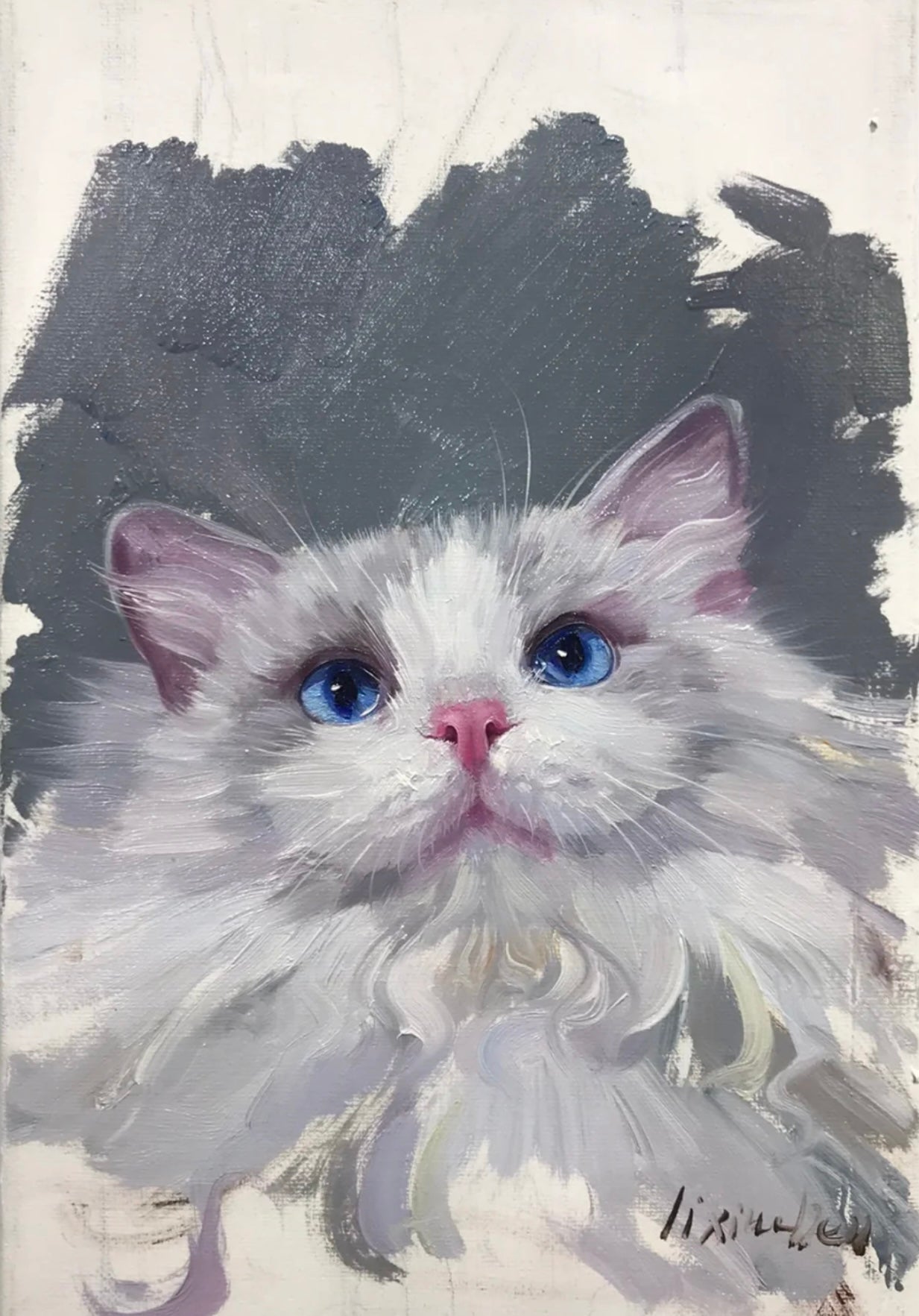 Fluffy White Cat with Blue Eyes - Customizable Oil Painting