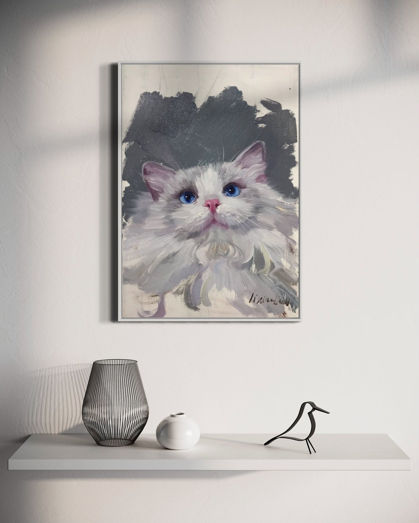 Fluffy White Cat with Blue Eyes - Customizable Oil Painting