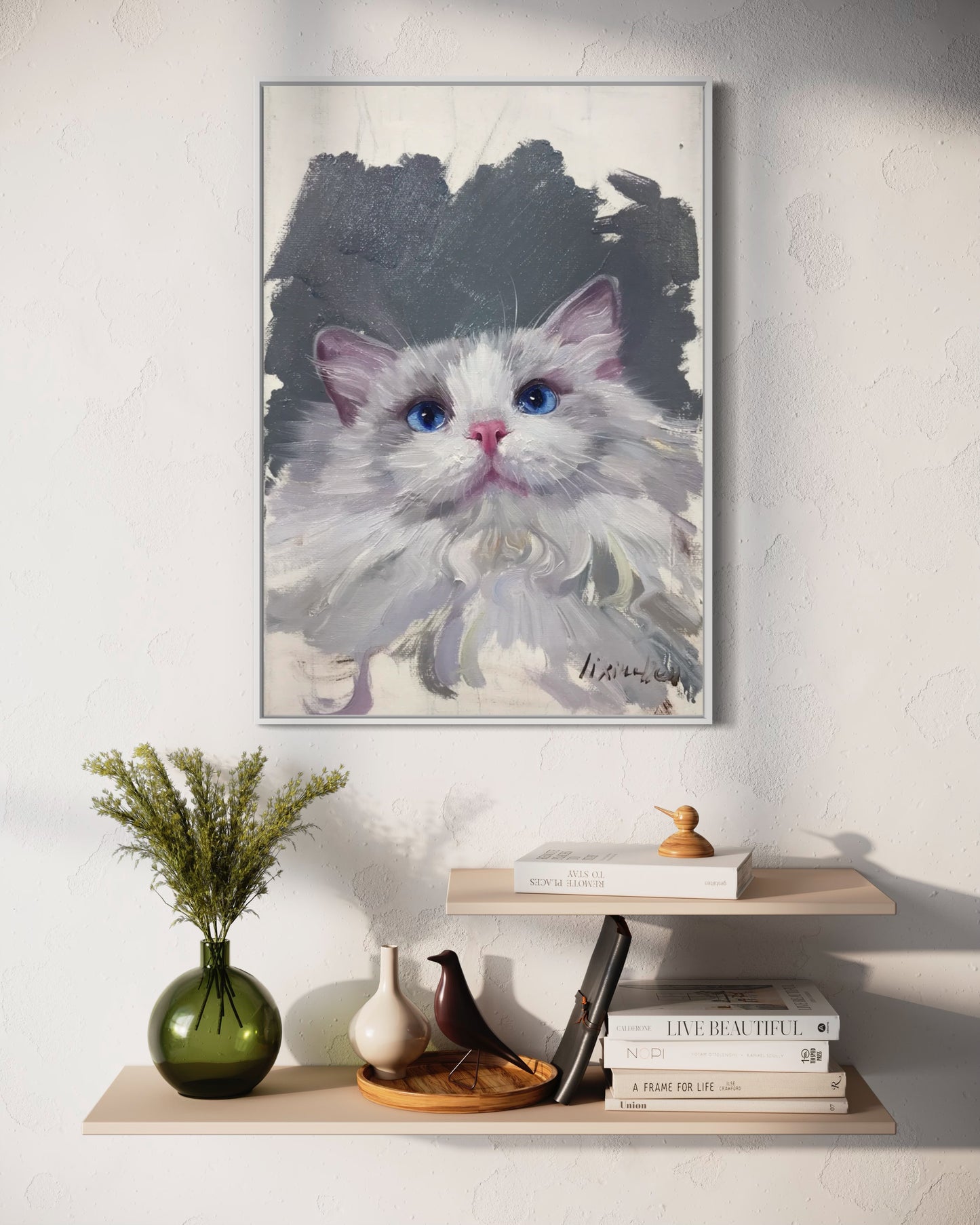 Fluffy White Cat with Blue Eyes - Customizable Oil Painting