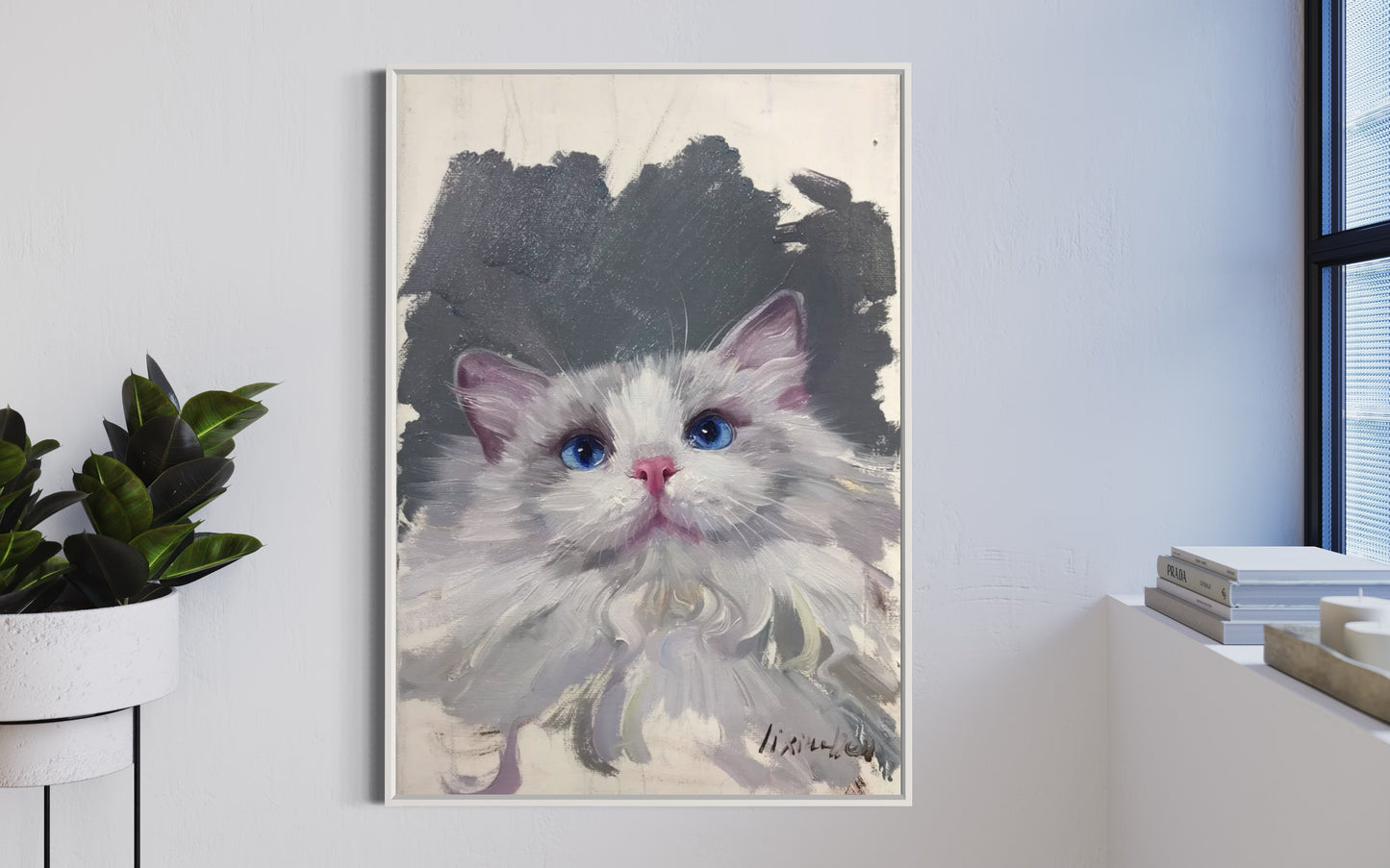 Fluffy White Cat with Blue Eyes - Customizable Oil Painting