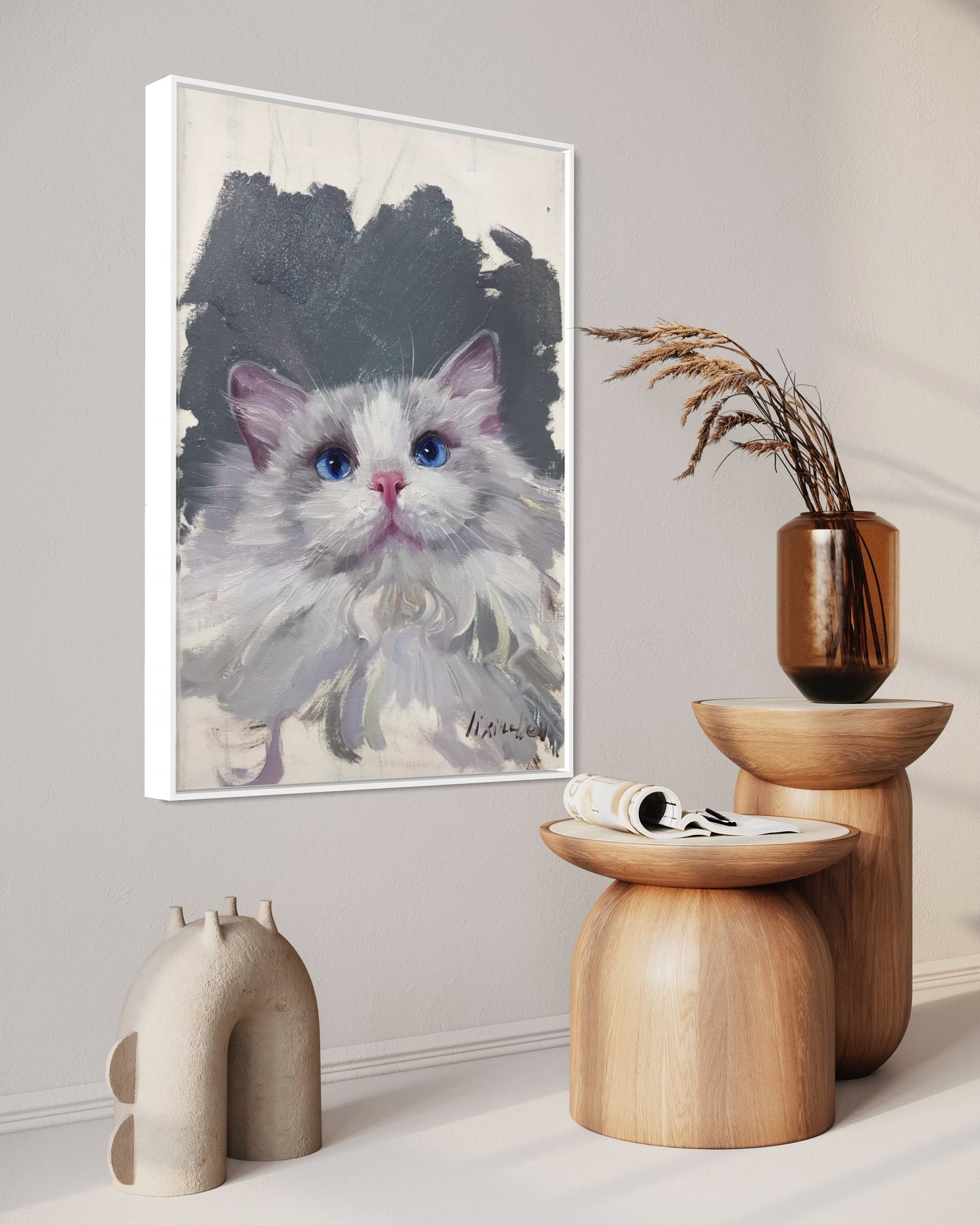 Fluffy White Cat with Blue Eyes - Customizable Oil Painting