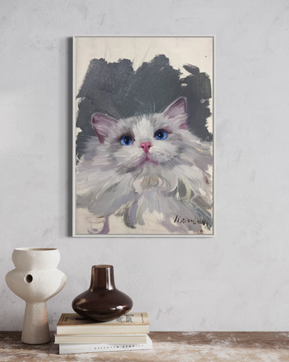 Fluffy White Cat with Blue Eyes - Customizable Oil Painting