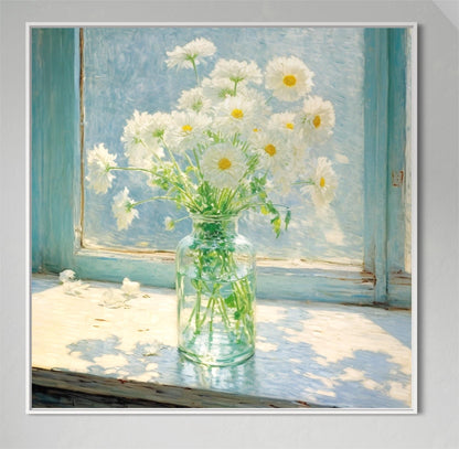 Sunlit Daisy Bouquet in Glass Vase - Bright Floral Window Art