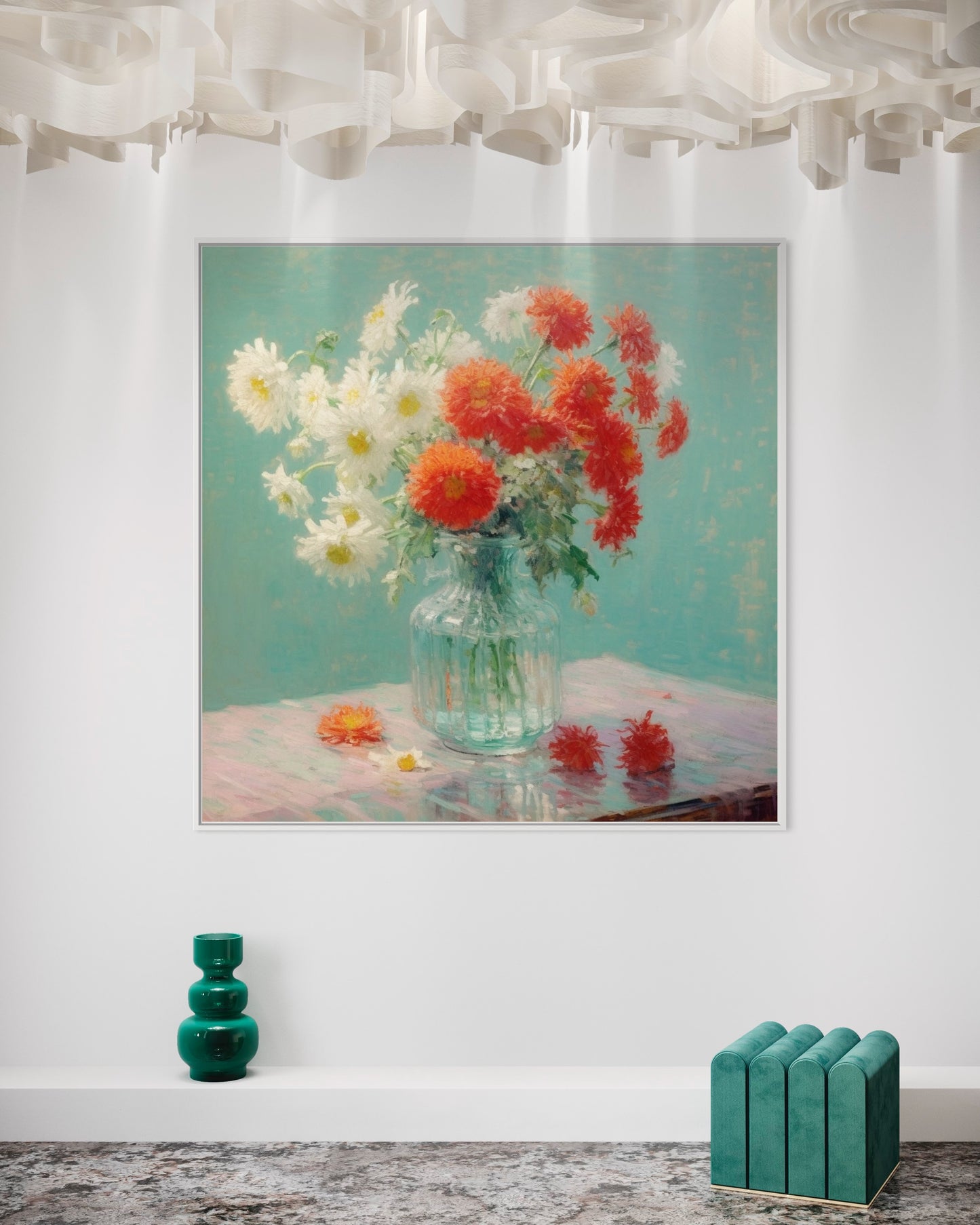 Red and White Chrysanthemum Still Life - Elegant Floral Art