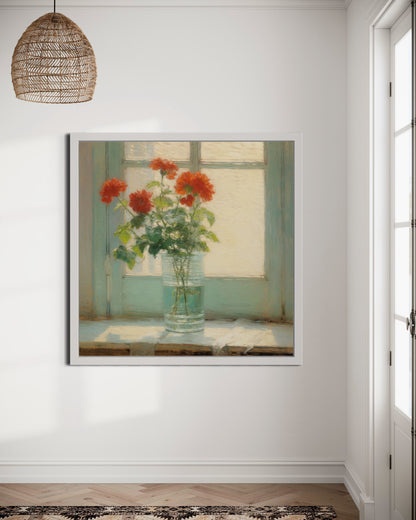 Red Dahlias in a Vase - Elegant Still Life Oil Painting