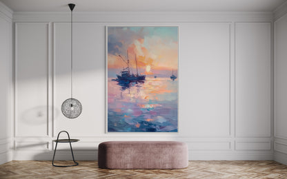 Golden Horizon Sailboat Artwork - Romantic Sunset Seascape