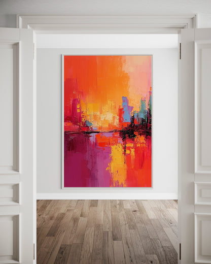 Fiery Cityscape - Abstract Sunset Urban Skyline Painting