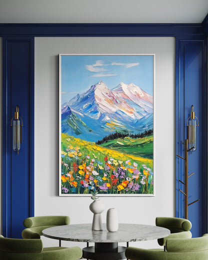 Alpine Wildflowers and Snow-Capped Peaks - Mountain Landscape Art