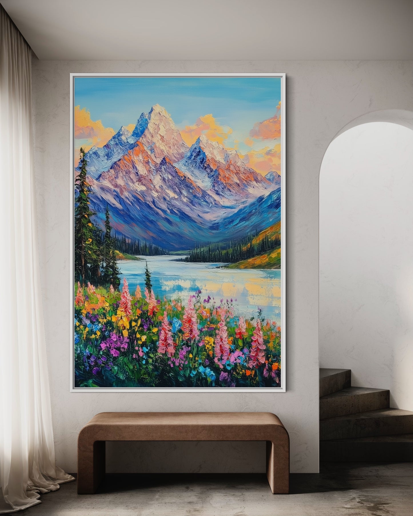 Sunset Over Floral Meadow and Mountains - Serene Landscape Oil Art