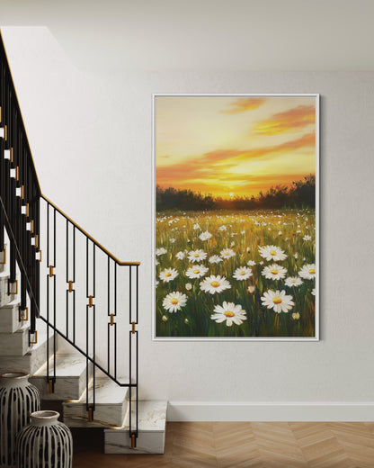 Golden Sunset Over Daisy Field - Blooming Wildflower Landscape Painting