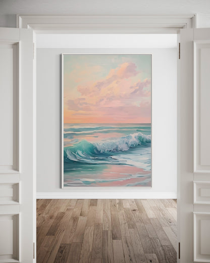 Golden Sunset Over Waves - Serene Ocean Painting with Soft Hues