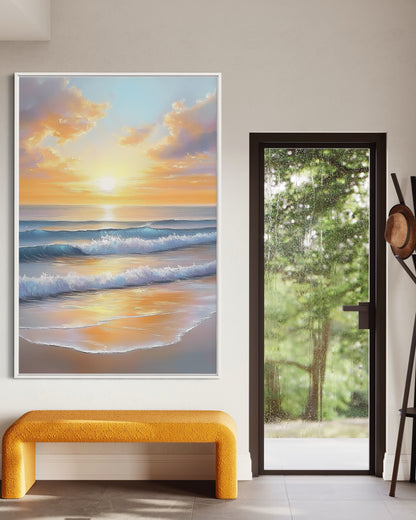 Sunlit Ocean Waves - Luminous Beach Sunrise Painting