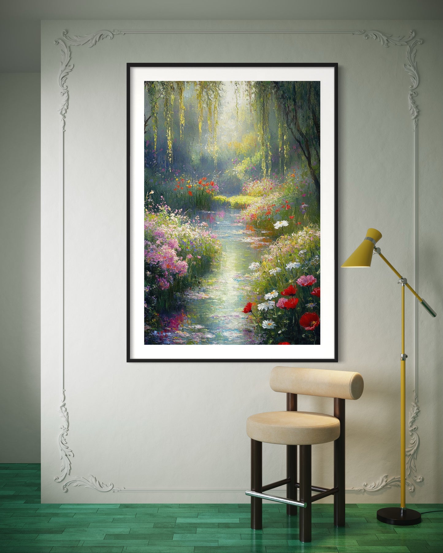 Whispers of a Dreamy Stream: Romantic Water Garden Oil Painting