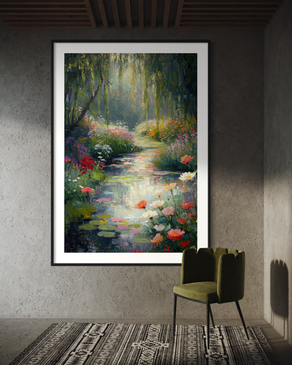 Garden of Enchanted Reflections: Dreamy Floral Oil Painting