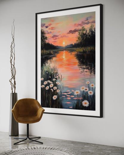 Evening Glow by the River: Tranquil Sunset Landscape Painting