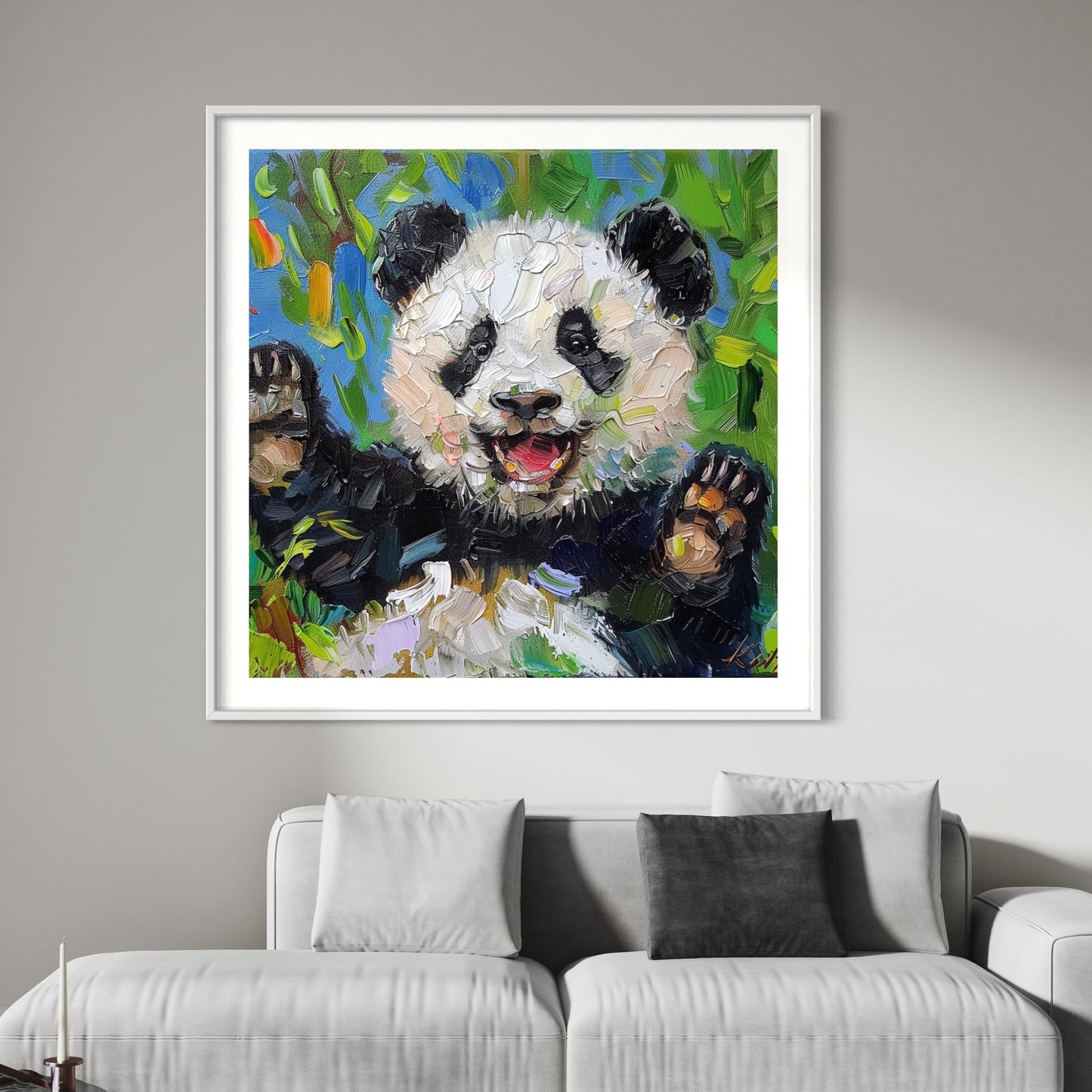 Happy Panda Cub Oil Painting - Whimsical Wall Art for Nursery and Playroom Decor