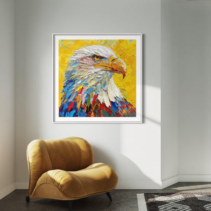 Vibrant Eagle Portrait Oil Painting - Dynamic Yellow Background Canvas Art