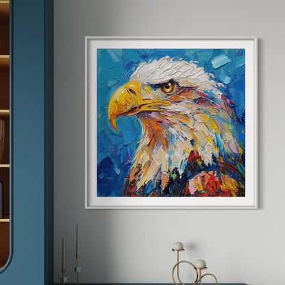 Bold Eagle Oil Painting - Patriotic Wall Art with Dynamic Blue Background