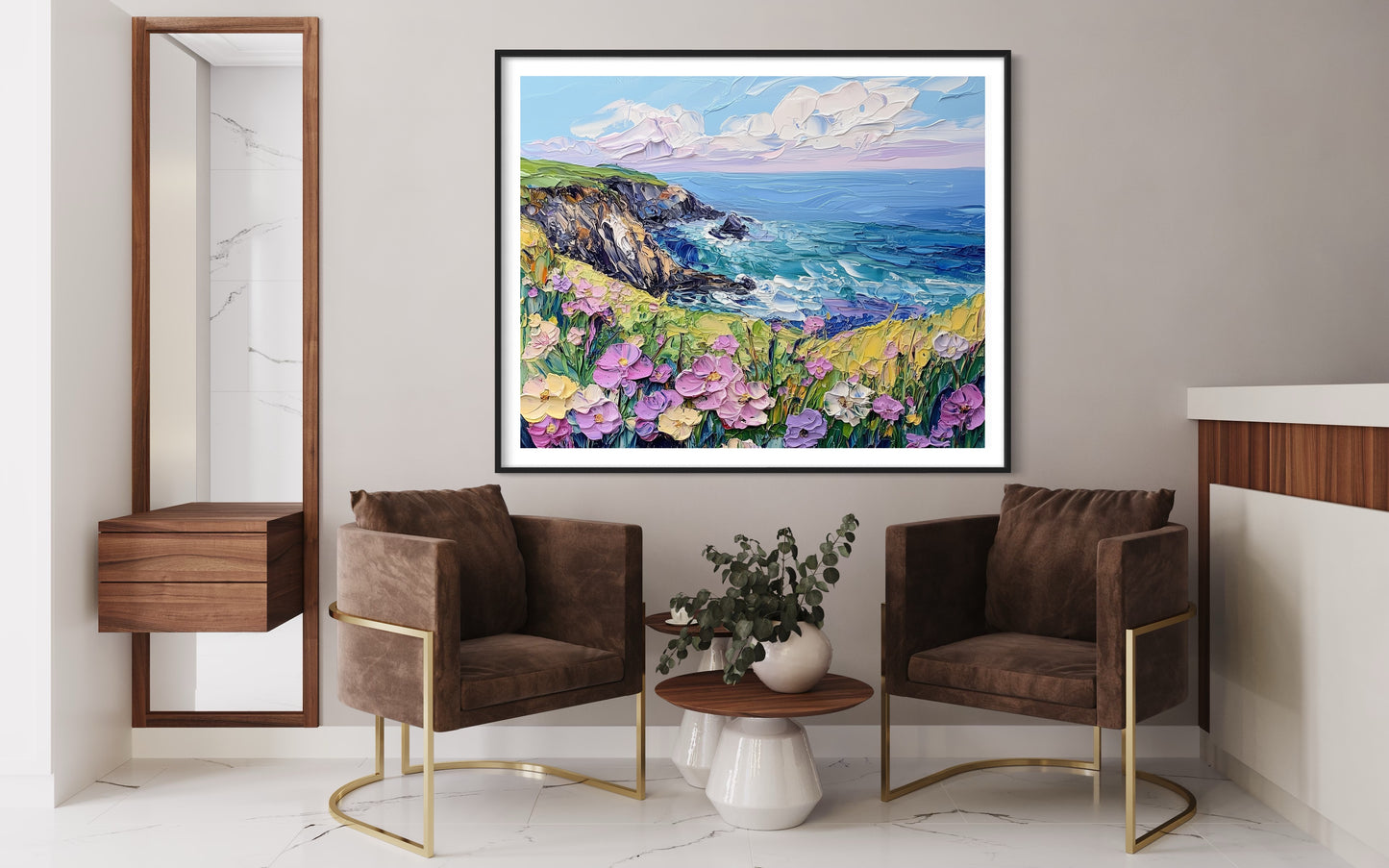 Floral Cliffs: Vibrant Coastal Wildflowers Oil Artwork