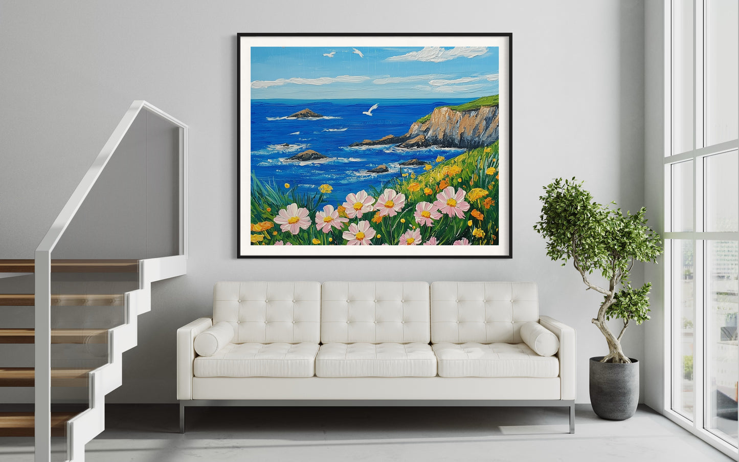 Cliffside Breeze: Oceanview Landscape Oil Art