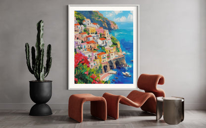 Seaside Village: Picturesque Coastal Town Oil Painting