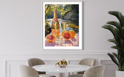 Champagne & Citrus by the River – Refreshing Summer Still Life Oil Painting