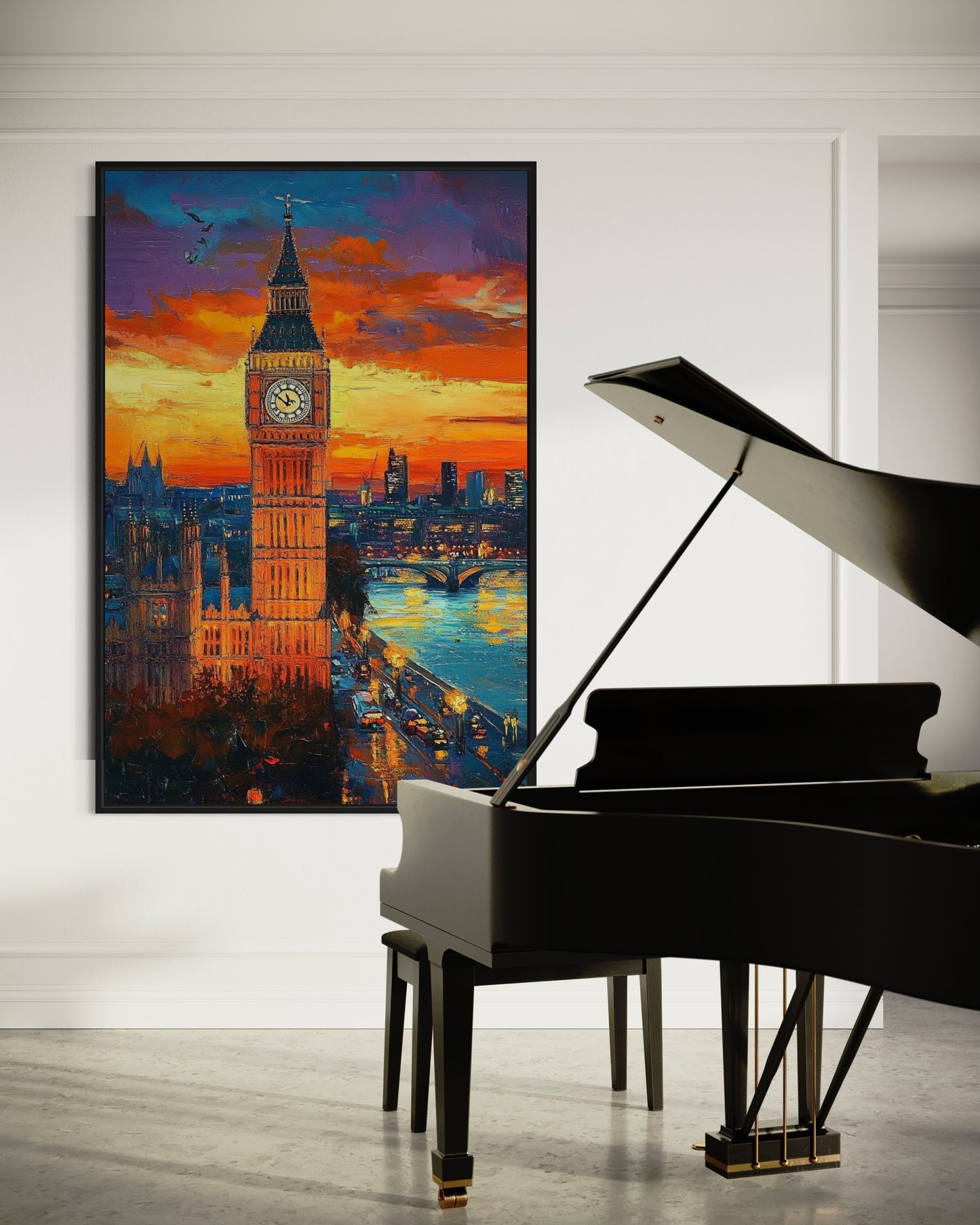 Big Ben at Sunset – London Icon in Bold Oil Painting for Classic Decor