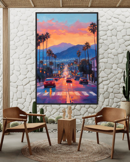 Sunset Boulevard Glow – Los Angeles Evening Oil Painting for Modern Decor