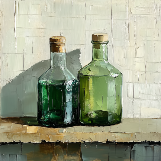 Green Glass Bottles Oil Painting on Canvas