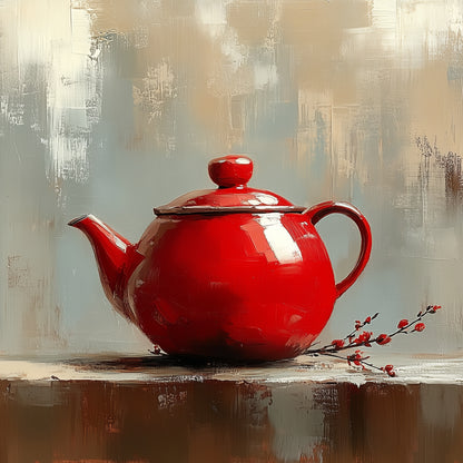 Rustic Red Teapot Oil Painting on Canvas