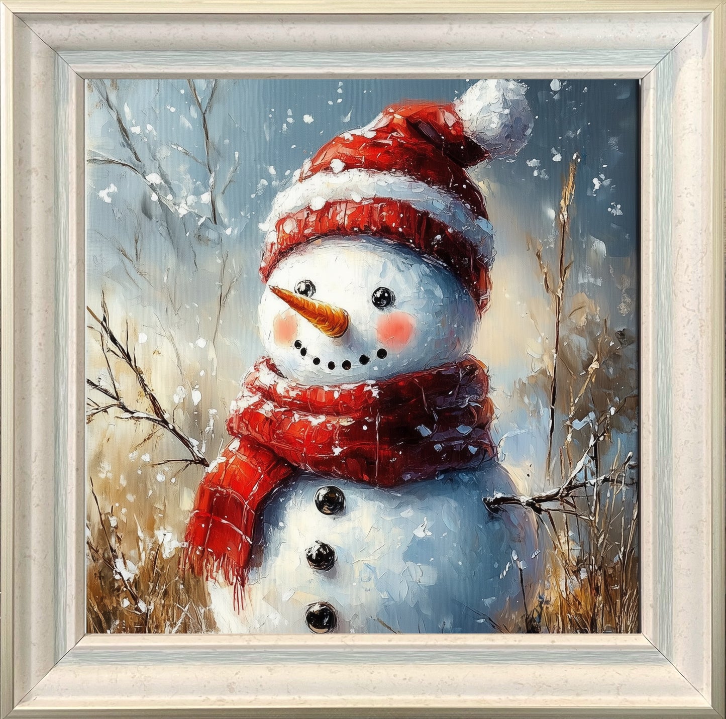 Joyful Snowman with Red Hat - Festive Holiday Oil Painting