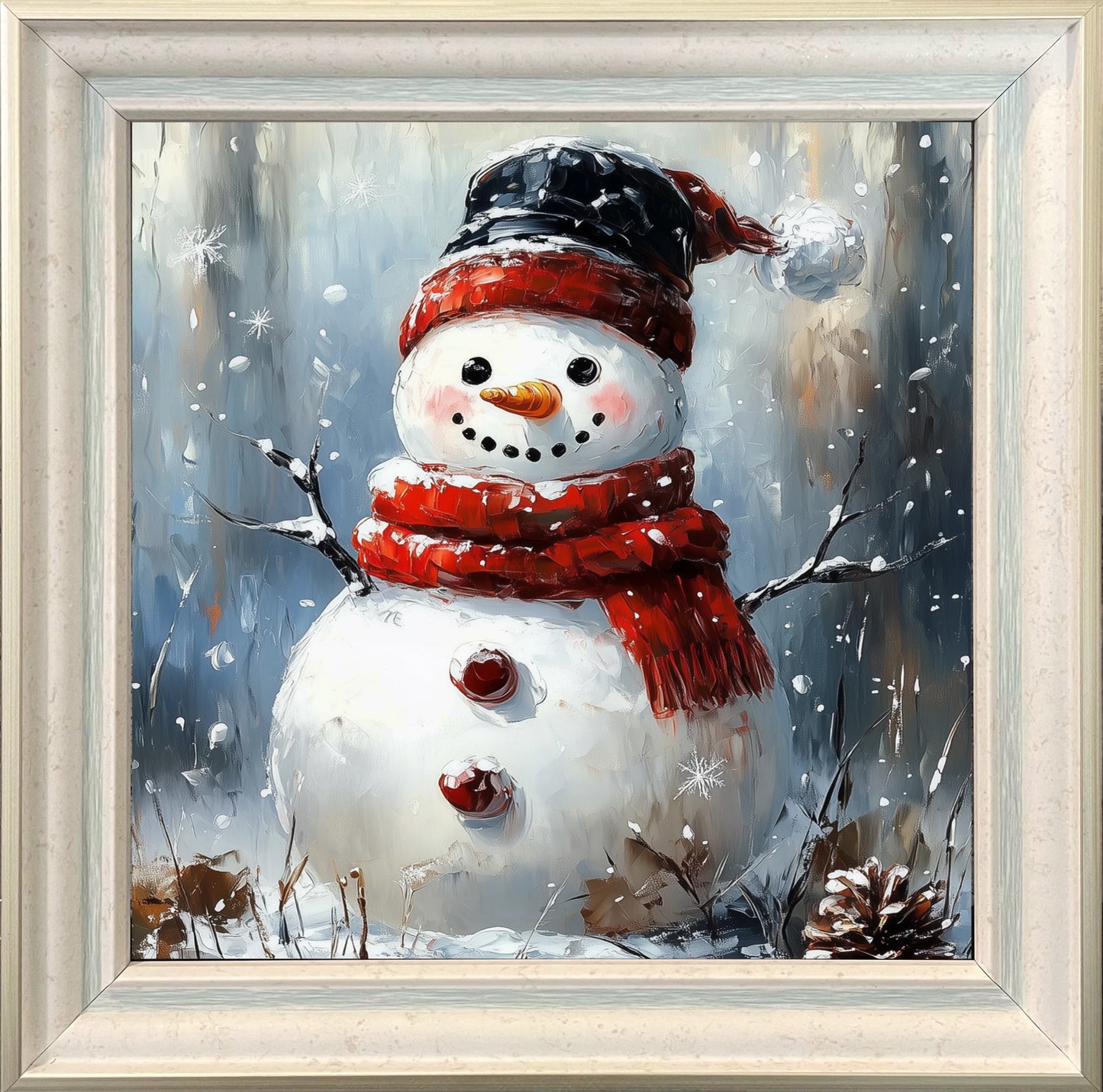 Charming Snowman with Black Hat - Winter Wonderland Oil Painting